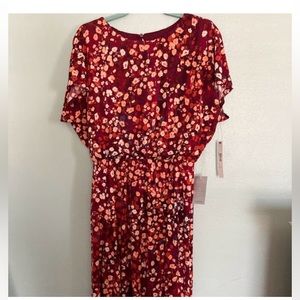 Floral Red Midi Dress with Elastic Waist